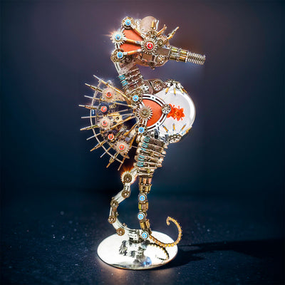 Intricate 3D Steampunk Metal Seahorse Puzzle Kit with Illuminating Lamp - 2100 Pieces of Whimsy!