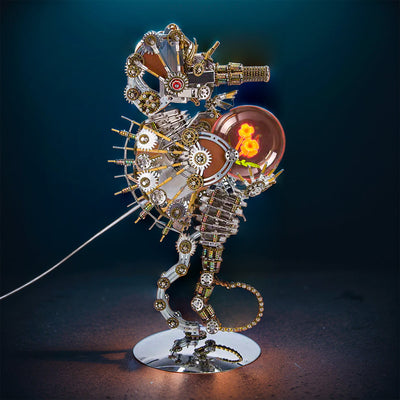 Intricate 3D Steampunk Metal Seahorse Puzzle Kit with Illuminating Lamp - 2100 Pieces of Whimsy!