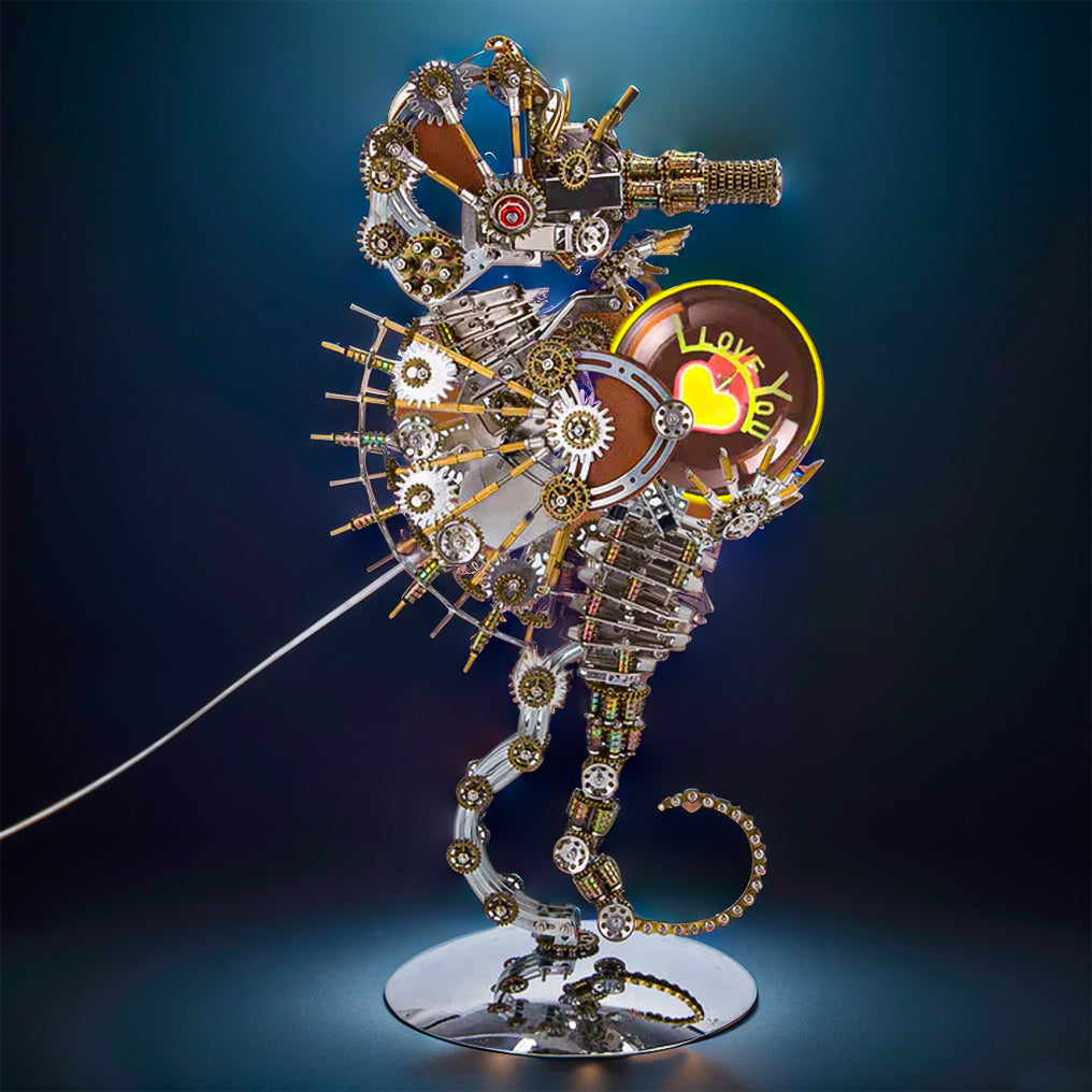 Intricate 3D Steampunk Metal Seahorse Puzzle Kit with Illuminating Lamp - 2100 Pieces of Whimsy!