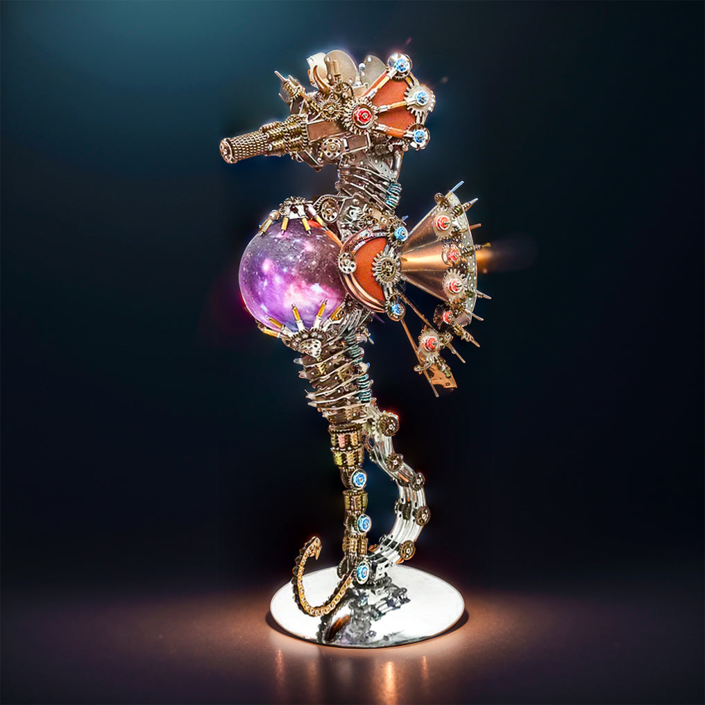 Intricate 3D Steampunk Metal Seahorse Puzzle Kit with Illuminating Lamp - 2100 Pieces of Whimsy!