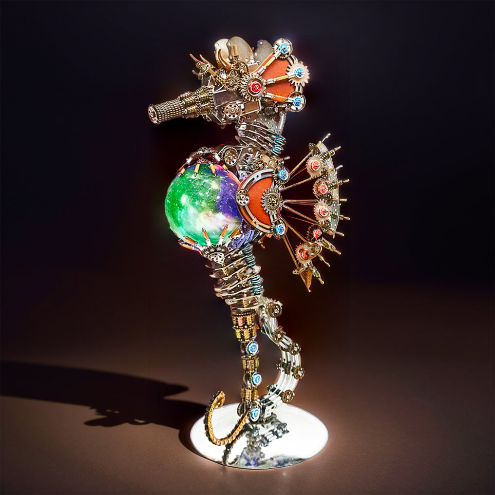 Intricate 3D Steampunk Metal Seahorse Puzzle Kit with Illuminating Lamp - 2100 Pieces of Whimsy!