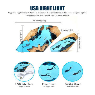 Humpback Whale Couple Diver Resin Night Light Blue Ocean Miniature