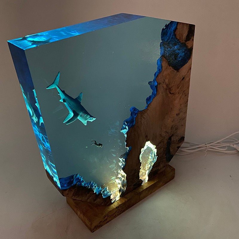 Ocean Shark Resin Night Light Diver Wooden Ornaments