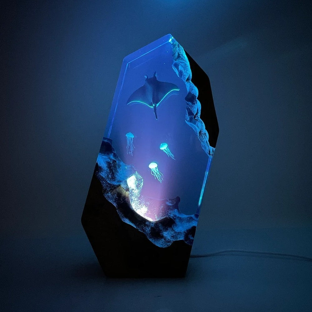 Manta Rays And Jellyfish Resin Night Light Blue Ocean Miniature