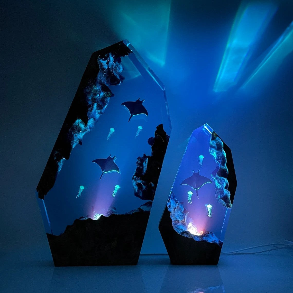 Manta Rays And Jellyfish Resin Night Light Blue Ocean Miniature