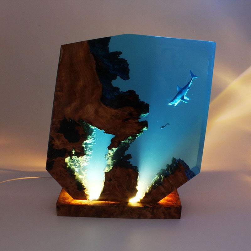 Ocean Shark Resin Night Light Diver Wooden Ornaments