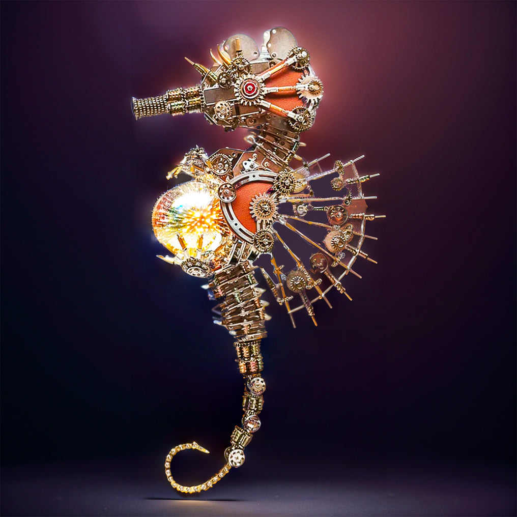 Intricate 3D Steampunk Metal Seahorse Puzzle Kit with Illuminating Lamp - 2100 Pieces of Whimsy!