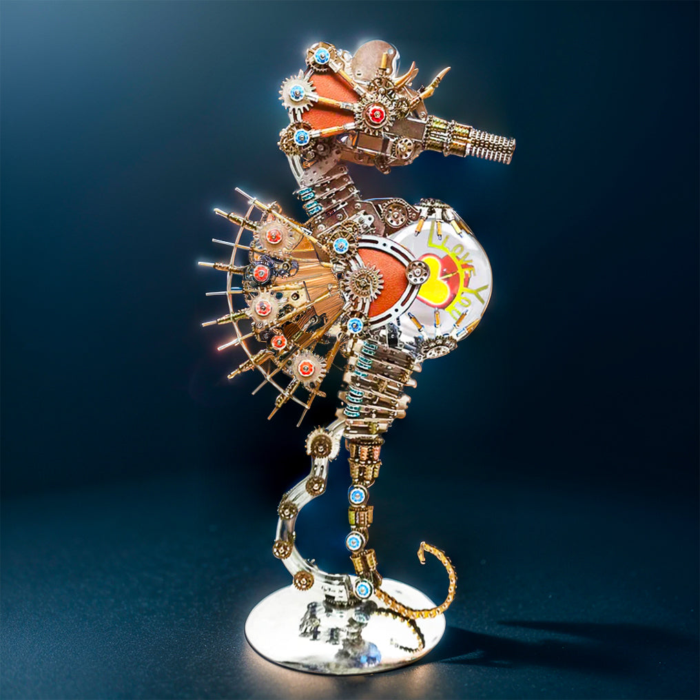 Intricate 3D Steampunk Metal Seahorse Puzzle Kit with Illuminating Lamp - 2100 Pieces of Whimsy!