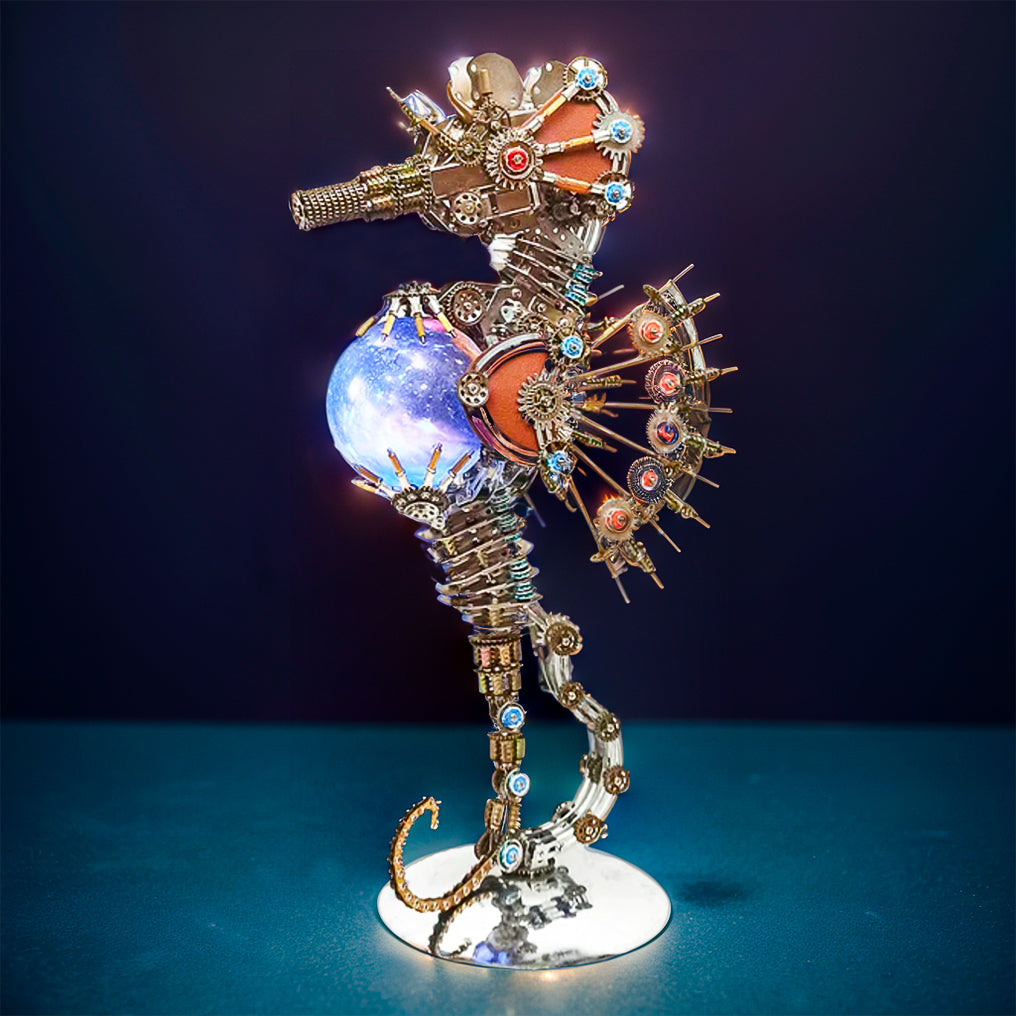 Intricate 3D Steampunk Metal Seahorse Puzzle Kit with Illuminating Lamp - 2100 Pieces of Whimsy!