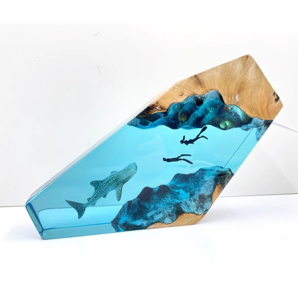 Whale Shark And Couple Diver Resin Night Light Blue Ocean Miniature