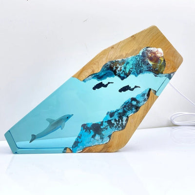 Dolphin And Couple Diver Resin Night Light Blue Ocean Miniature