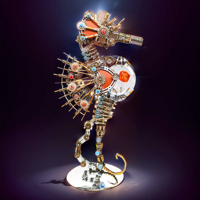 Intricate 3D Steampunk Metal Seahorse Puzzle Kit with Illuminating Lamp - 2100 Pieces of Whimsy!