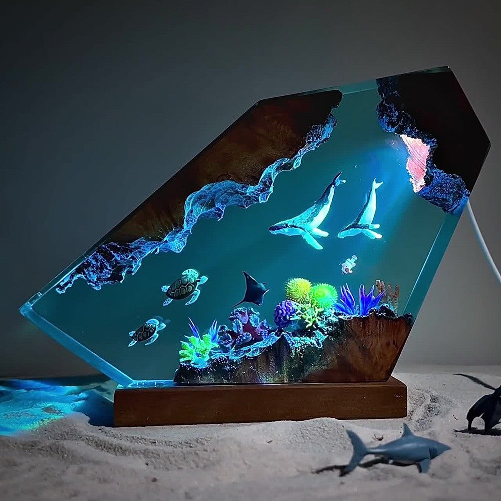 Couple Giant Humpback Whale and Turtle Resin Night Light