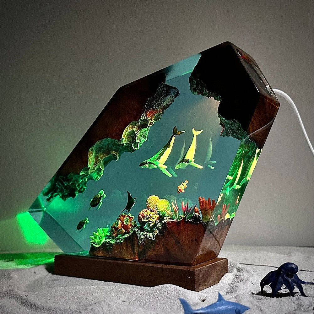 Couple Giant Humpback Whale and Turtle Resin Night Light